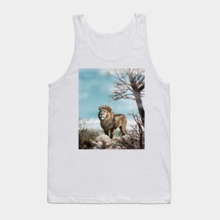 Lion king a wild animal. Wild African lion in nature. Retro style. Realistic Oil painting illustration. Wildlife ART Hand Drawing Tank Top